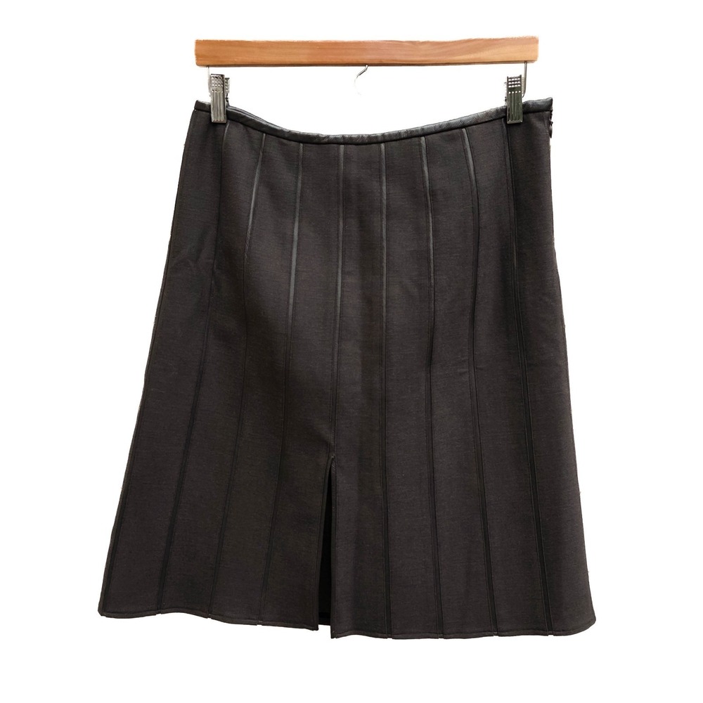 Armani Collezioni Wool Skirt 8 Brown Leather Trim Panel Front Slit NWT